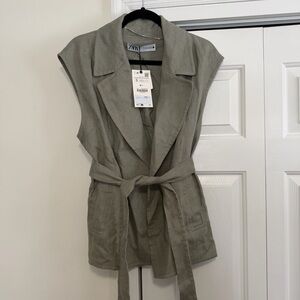 Zara Green Tie Vest, 100% Linen, Size Small, NWT